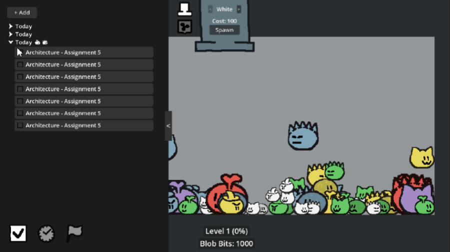 Goo Getter (2025) Concluded Prototype | Solo Created: ● Productivity tool about getting tasks done and collecting slimes ● Slime spawning and merging system ● Robust UI tools
